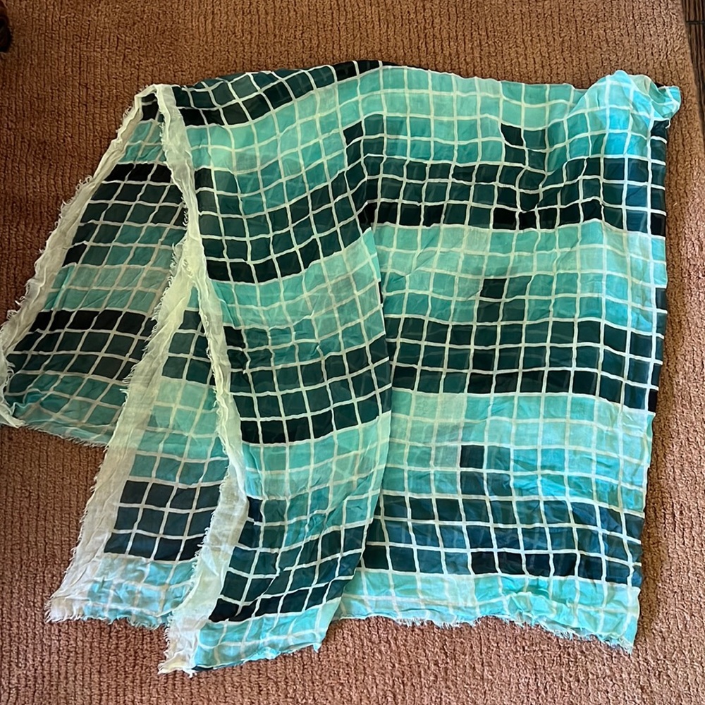 Blue, teal, aqua with white scarf shawl